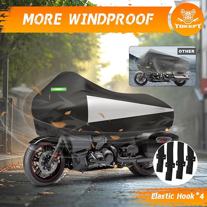 Motorcycle Half Cover with Elastic Hook and Reflective Strip Waterproof Dustproof Sunproof at All Seasons Suitable for Touring Models Road King Street Glide Road Glide and More (Black&Silver)