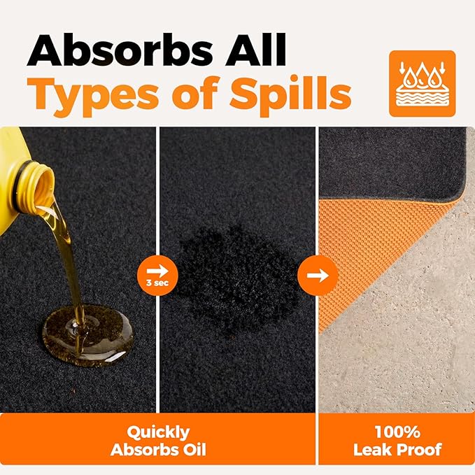 Heavy Duty Oil Spill Mat, 1/4" Thick, Garage Floor Mat for Under Car, 64" X 64", Waterproof, Rubber Backing Protects Floor, Reusable, Absorbs All Types of Spills, Oil Absorbent Pads (Black)
