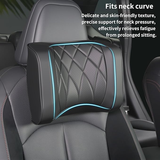 Car Headrest Pillow U-Shaped, Memory Foam Head Neck Support Cushion for Driving, Leather Head Rest Travel Pillows for Sleeping, Breathable Removable Cover, Black, 1 Pack
