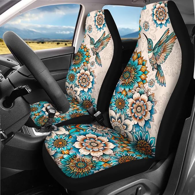 18 Pieces Car Seat Covers Full Sets Hummingbird Car Interior Accessories Sets with Mandala Lotus Car Seat Belt Pads Cover Anti Slip Steering Wheel Cover Auto Trash Can Car Headrest Covers