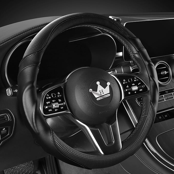 HighnessHwoo 3D Car Steering Wheel Cover Comfort Grip Massage Sporty Anti-Slip Carbon Fiber Faux Leather for Sedan SUV, Universal Fit, Car Handle Covers for All Seasons, 14.75-15.15in, Black