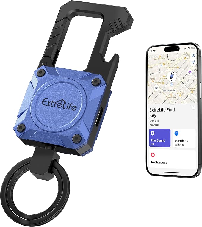 ExtreLife Keychain, Works with Apple Find My, Bottle Opener, Carabiner Car Key Chains with Gps Tracker