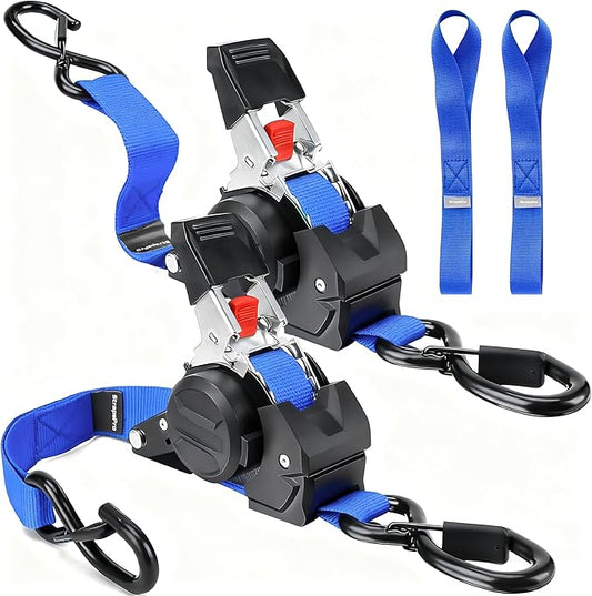 Retractable Ratchet Straps, 1763lb Break Strength Blue Self Retracting Ratchet Straps Heavy Duty with Soft Loops, 1'' x 10FT Auto Tie Down Straps Easy Retract for Motorcycle, Truck, Cargo, 2 Pack