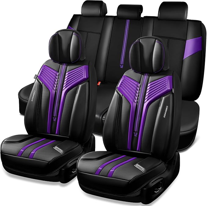 CAR PASS Nappa Leather Seat Covers, Breathable Waterproof Car Seat Covers Full Set, Luxury Leather Front and Back Seats Full Coverage, Universal Fit SUV Pick-up Truck Sedan Automotive(Black Purple)