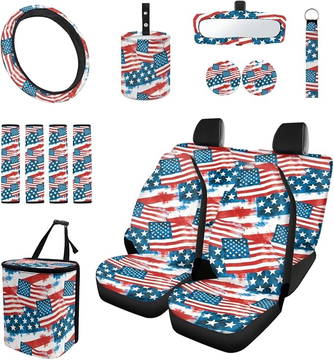 American Flag Auto Interior Accessories Car Seat Covers with Auto Steering Wheel Cover Seat Belt Covers Car Trash Can View Mirror Cover Coaster Keychains