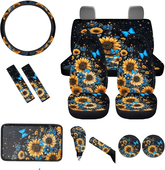 BIGCARJOB Sunflower Car Seat Cover Full Set of 12 Pcs Blue Butterfly Car Interior Accessories Set with Armrest Cover,Cup Holder,Steering Wheel Covers,Seat Belt Pads