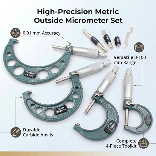 Professional Metric Outside Micrometer Set 0-100mm, 4-Piece with 0.01mm Precision & Wooden Case, High-Quality Carbide Machinist Tool for Precision Measurement