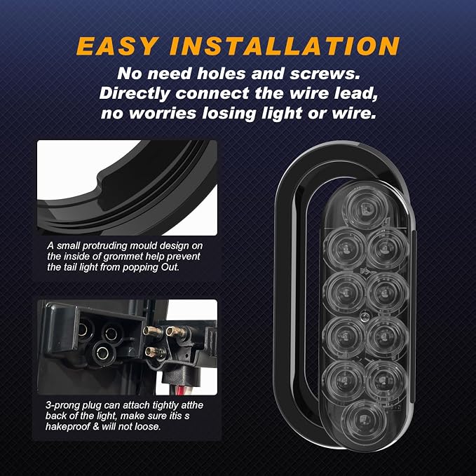 6" Oval LED Trailer Lights, Red 4 Pack, 12V | 6-inch oval, 4 red, smoked lens, IP65 waterproof, 3-wire plug-and-play, stop/turn/tail, high brightness