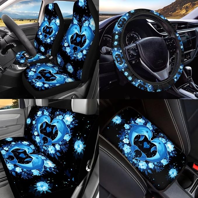 BIGCARJOB Cute Blue Dolphin Car Seat Accessories Full Set 15 Pack Neon Dolphin Seat Cover for Cars Front and Rear Handbrake Cover,Headrest Pillow Cover,Seat Belt Pads,Universal Fit