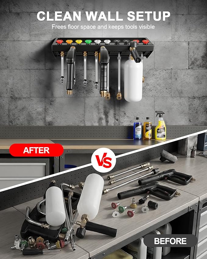 Pressure Washer Gun Holder with 1/4 Inch Quick Connector, Wall Mount Organizer for Foam Cannon, Nozzles and Extension Wands