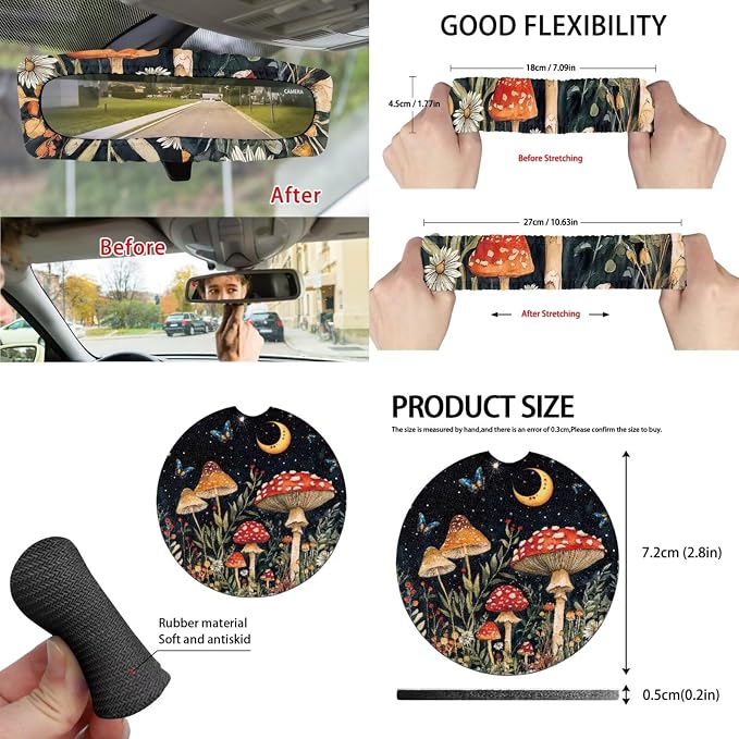 15 Pcs Moon Mushroom Butterfly Auto Interior Accessories Car Seat Covers with Auto Steering Wheel Cover Seat Belt Covers Car Trash Can View Mirror Cover Coaster Keychains