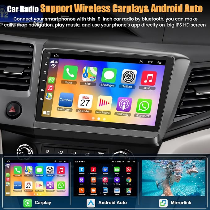 4G+64G Car Radio for Honda Civic 2012-2015 with Wireless Carpaly & Android Auto,9 Inch IPS Touch Screen Car Stereo with GPS Navigation/Bluetooth 5.2/FM/Backup Camera/WiFi/SWC/HiFi
