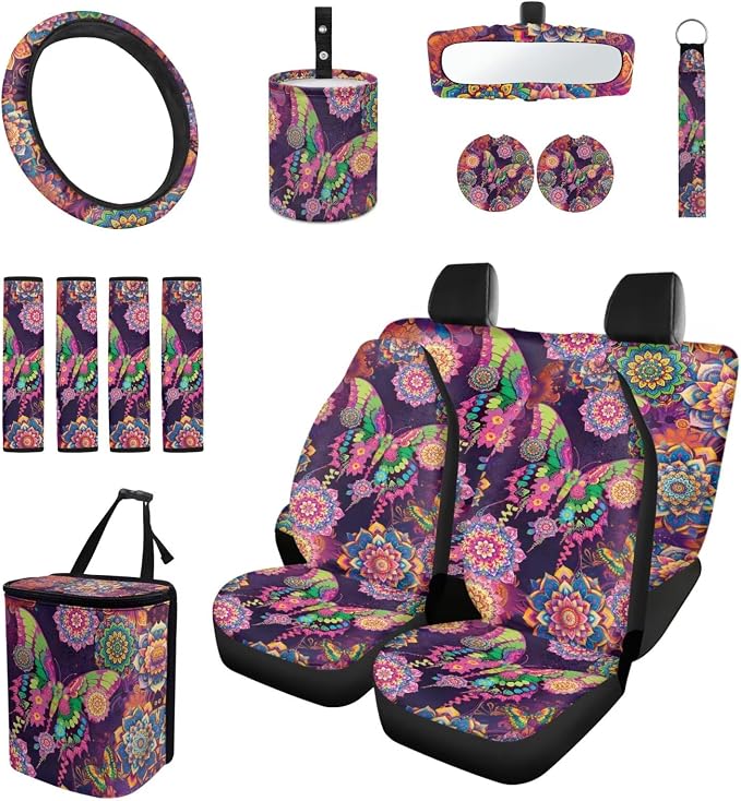 Boho Floral Butterfly Auto Interior Accessories Car Seat Covers with Auto Steering Wheel Cover Seat Belt Covers Car Trash Can View Mirror Cover Coaster Keychains