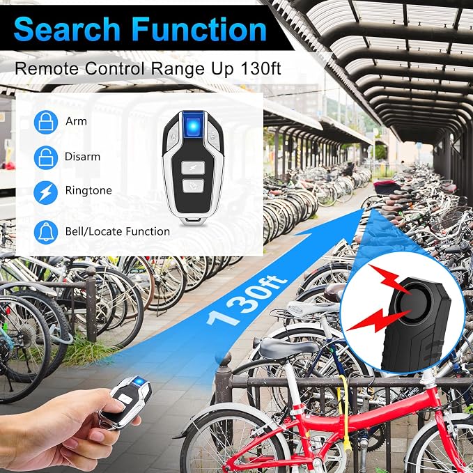 USUPERINK Bicycle Alarm and Remote, Bicycle Alarm System Anti Theft, Wireless Scooter Alarm System, Moped Alarm 113db Super Loud IP65 Waterproof SOS Emergency Function with Different Remote Control