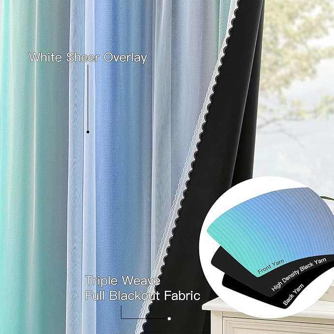 XiDi Blue Green Grey Blackout Curtains 63 Inches Long for Living Room Bedroom 2 Panels Double Layer Curtains Rainbow Kids Grommet Window Drapes for Nursery Princess Unicorn Wall Decals 34 Inches Wide