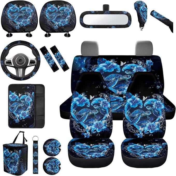 Sea Turtle Car Seat Covers Full Sets with Front and Split Rear Bench,Animal Turtle Car Accessories Set 17 Pack,Ethnic Style Rear Auto Head Rest Covers Universal Fit Mats Car Truck SUV Van