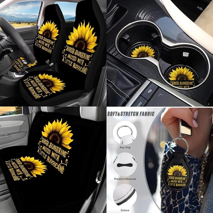 She's Sunshine Sunflower Car Seat Covers Full Sets of 17 Pcs Sunflower Car Accessories Set with Front and Split Rear She's Sunshine Car Floor Mats Seat Belt Cover Pad Universal Fit Car SUV