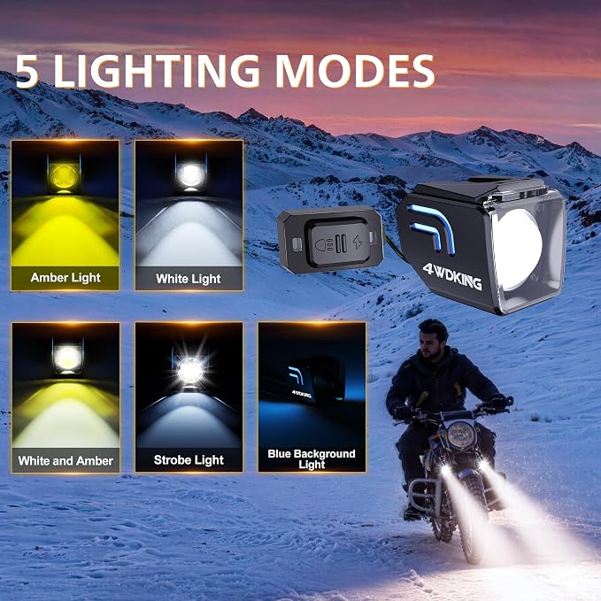 4WDKING 2 Inch Motorcycle Fog Lights, Dual Color LED Pods with Blue Backlight, Offroad Auxiliary Driving Lights, 10000 Lumens Spot & Flood Beams, IP68 Waterproof for ATV UTV SUV Truck Boat, 2 Pack