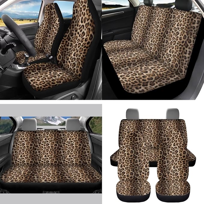 15 Pcs Brown Leopard Car Seat Cover Full Set for Women with Steering Wheel Cover Seat Belt Cover Trash Bin Front Rear View Mirror Car Cup Holder Keychain