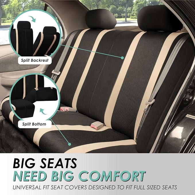 FH Group Car Seat Covers Universal Fit Full Set Interior Accessories, Sports Beige Seat Covers with Airbag and Split Rear Automotive Combo Vinyl Floor Mats Seat Covers for Cars Vans Trucks and SUV