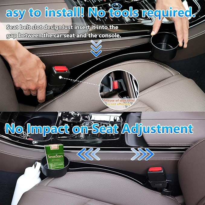 Seat Gap Filler Compatible with Kia Sportage.Deeper Than Standard Retail Models(7.5cm)|Added Cup Holder (2 Fixed Points) + Hooks + Charging Cable Port |2pcs Black| Free Window Break Hammer 1pcs|