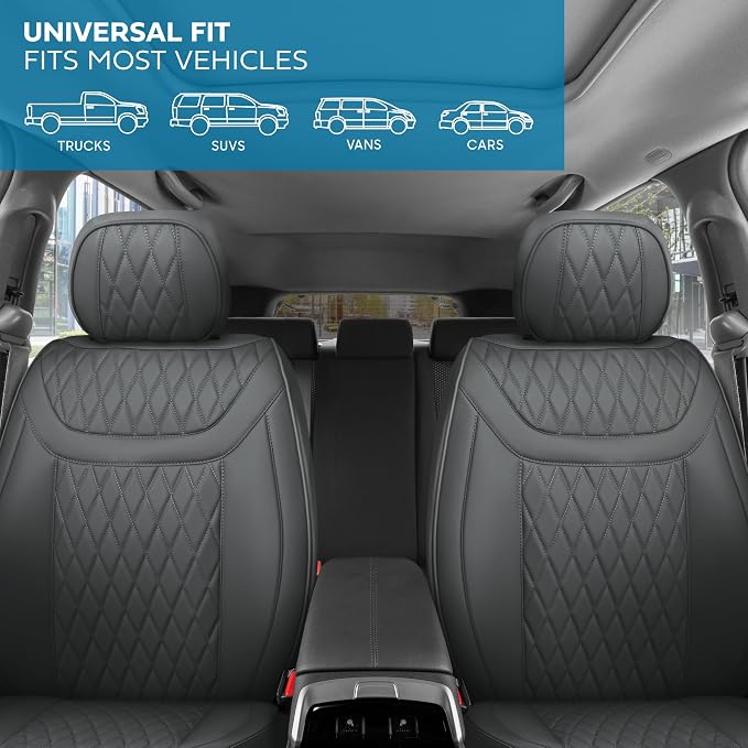 MotorBox Creekstone Series – PU Leather Seat Covers for Cars, Creekstone Series Cross-Stitch Edition Front Seat Covers, Diamond Stitched PU Leatherette Gray Car Seat Covers for Cars Trucks SUVs