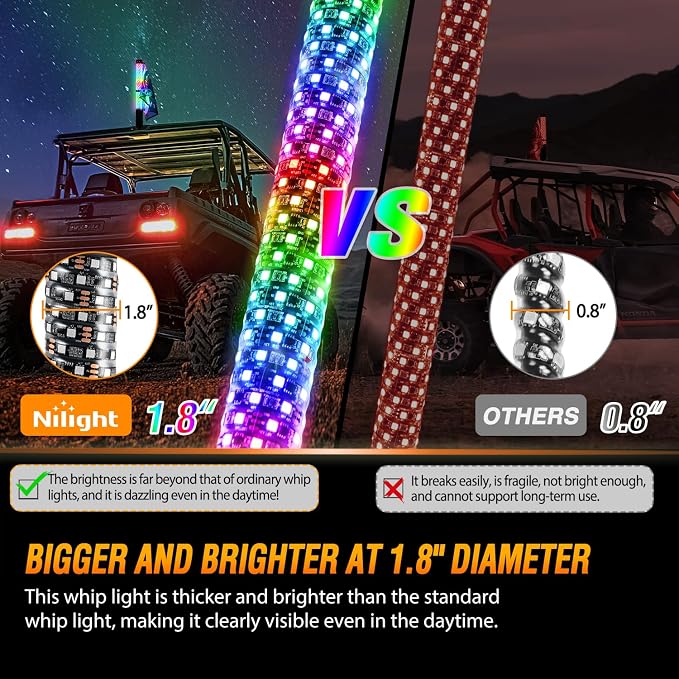 Nilight LED Fat Whip Light 1PC 2FT RGB Lighted Antenna Whips with Remote & App Control DIY Chasing Patterns Brake Reverse Lights for ATV UTV Polaris RZR Can-am Dune Buggy Pickup Trucks Jeep