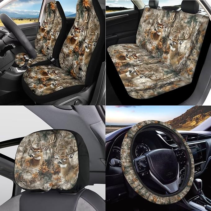 KEIAHUAN Camo Deer HuntingCar Seat Covers Full Set Front Rear Seat Covers Steering Wheel Cover Coasters Headrest Cover Gear Shift Knob Cover & Handbrake Cover 11 PCS