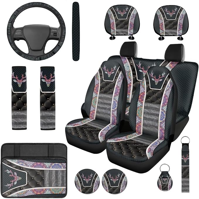 Bulopur Elk Auto Seat Covers Set with Matching 15 Inch Steering Wheel Cover Stretchy Armrest Cover Soft Seat Headrest Cover 14 Pieces Car Interior Accessories Set