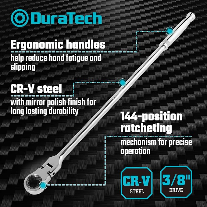 DURATECH Extra Long Flex Head Ratchet Wrench&19-Piece 3/8" Drive Stubby Impact Socket Set