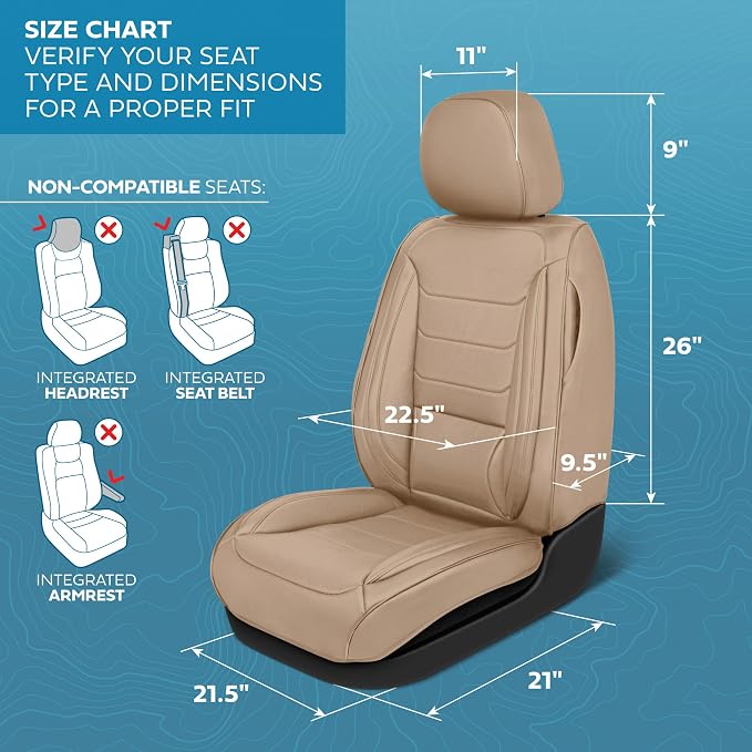 MotorBox Meridian Series Napa Leather Seat Covers for Cars, Classic Cushion Front Seat Covers, Premium PU Leatherette Beige Car Seat Covers with Classic Line Design, Cars Trucks SUVs