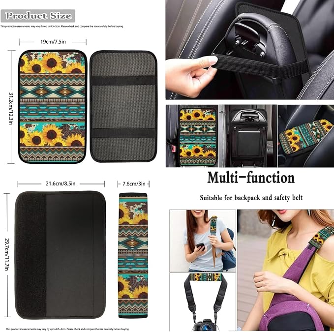 Dreaweet Sunflower Aztec Seat Covers for Cars,Green Car Seat Covers Full Set with Steering Wheel Cover/Armrest Cover/Seatbelt Covers/Car Coasters/Gear Shift Cover/Handbrake Cover,12 Pcs Set