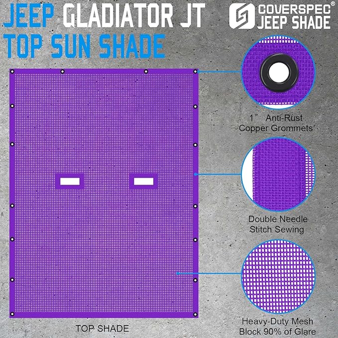 JT Top Sun Shade Roof Compatible with Jeep Gladiator 4 Door 2018 to 2023 Sunshade Sunroof Bikini Cover Blocks UV Wind Noise Purple Mesh for Full Length