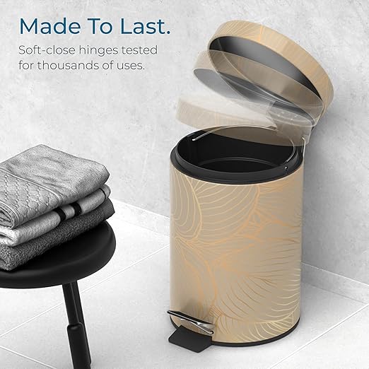 Sanilo Small Bathroom Trash Can with Lid [1.3 Gallon] - Lidded Tiny Trashcan for Garbage - Mini Metal Bin with Soft Closing Mechanism - Bath Room Accessoire Wastebin with Inner Bucket (Hosta)