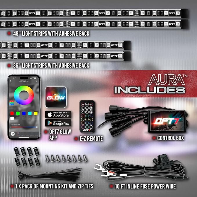 OPT7 Interior Bundle w/Underglow LED Lights for Cars Trucks with App & Remote Control, Music Sound Sync, Neon Underbody Lighting Kit, RGB Multicolor Car Ambient Decor