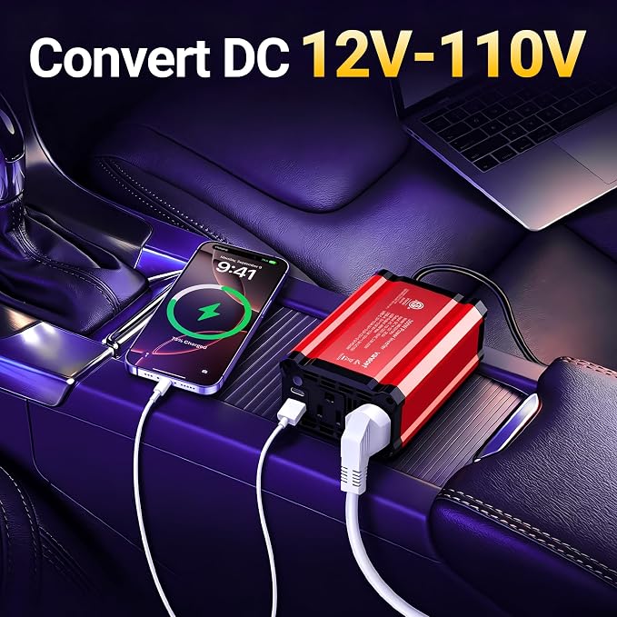 【2026 Upgraded】 300W Car Power Inverter - vansoet DC 12V to 110V AC(2 Outlets) Power Inverters with PD30W & QC18W Fast Charging Port - Car Charger Cigarette Lighter Adapter for Laptop/Phone/Road Trip