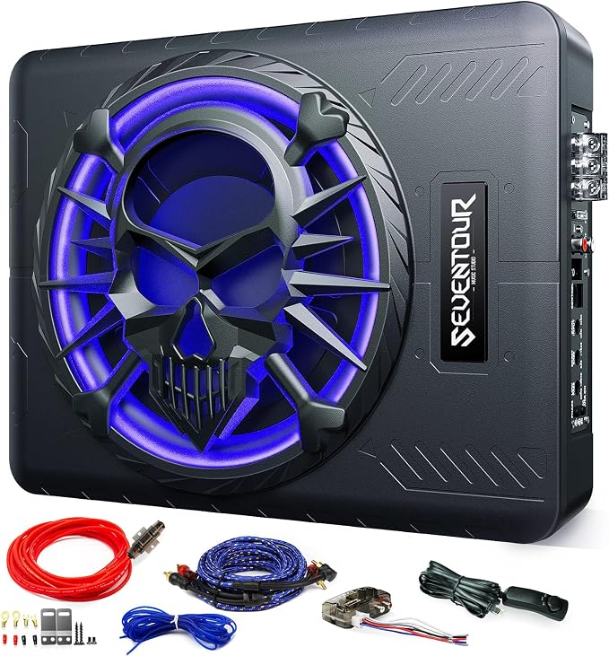 Seventour 10" 1200W Slim Under Seat Powered Car Subwoofer, Car/Truck Audio Sub Built in Amplifier amp Combo, with LED Ambient Light (Subwoofer + Mounting Wire Kit)