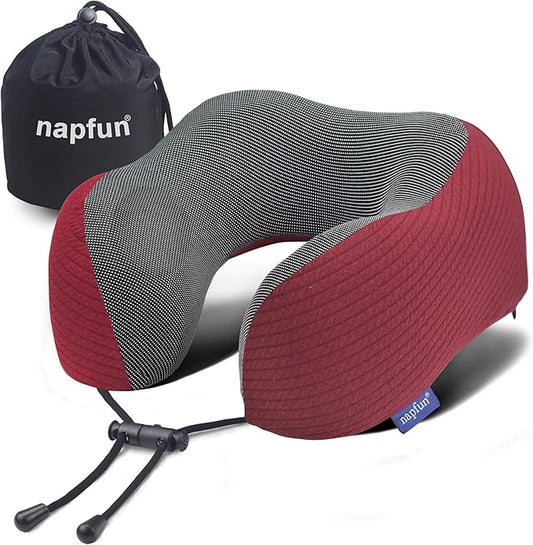 napfun Neck Pillow for Traveling, Upgraded Travel Neck Pillow for Airplane 100% Pure Memory Foam Travel Pillow for Flight Headrest Sleep, Portable Plane Accessories, Burgundy