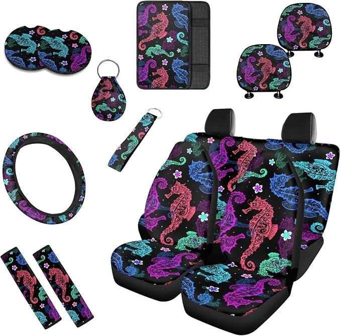 Tribal Sea Horse Car Interior Accessories Set of 13, Colorful Seahorse Front Rear Seat Breathable Car Seat Cover, Ethnic Ocean Creature Seat Belt Cover Keychain