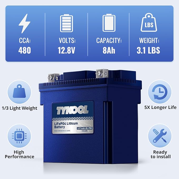 TYKOOL LFP14AH-BS-PRO Lithium Battery, Replaces YTX14AH YTX14AH-BS, 480CCA 8Ah Fits for ATV UTV Motorcycle, Compatible with Polaris Sportsman 570 Ranger 500 Kawasaki Mule SX, Digital Readout [+ -]