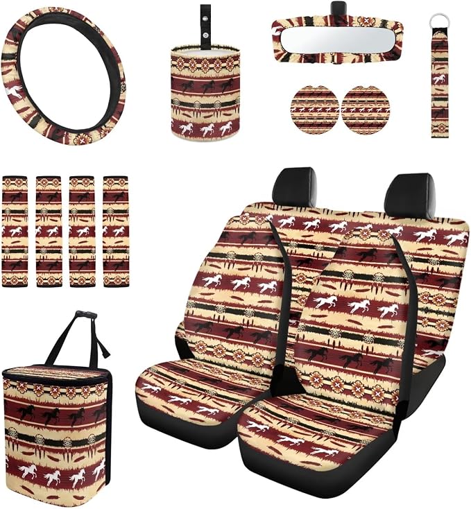 Aztec Horse Car Seat Covers Set of 15 with Universal Steering Wheel Cover, Rearview Mirror Cover, Car Trash Can, Seatbelt Pads, Cup Holder Coasters, Keychains