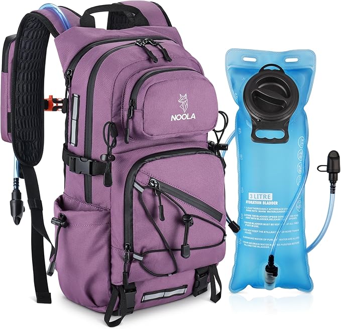 NOOLA Hydration Backpack with 3L Water Bladder - 25L Water Backpack for Hiking, Cycling, Running, Biking - Lightweight Hiking Pack Bag with Rain Cover, Phone Holder and Trekking Pole Holders, Purple