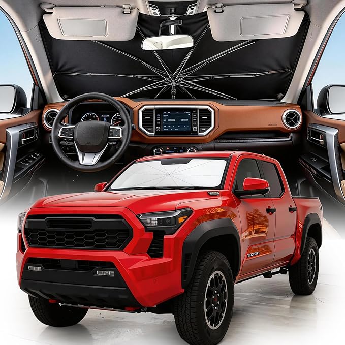 Weektic Custom Windshield Sun Shade Umbrella for Toyota Tacoma 2024-2026, [Double Thickened Ice Crystal Coating] Sun & Heat Protection, Keep Vehicle Cool & Protect Interior