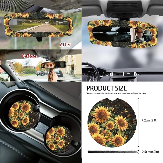 Sunflower Print Full Set Car Seat Covers with Accessories Decorative Front and Rear Split Bench Seat Covers Steering Wheel Cover Armrest Cushion Universal Fit Sedan SUV Truck