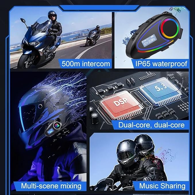 Motorcycle Wireless Helmet Intercom & Bluetooth Headset — 1600ft Motorcycle Helmet Communication System with 40-Hour Battery Life, Waterproof, FM Radio, Voice Assistant, and Ultra-Slim 1.2cm Speakers