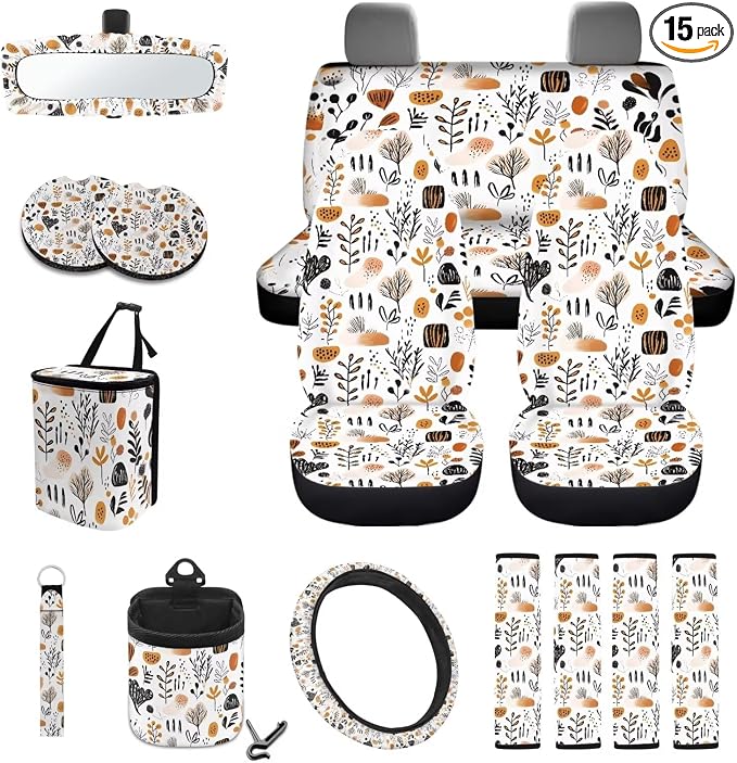 Boho Abstract Geometric Art Print 15Pcs Car Seat Cover Full Set Car Steering Wheel Cover Seat Belt Cover Trash Bin Air Vent Storage Box Front Rear View Mirror Car Cup Holder Keychain