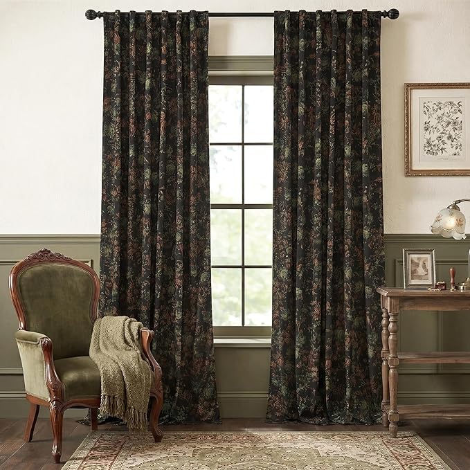 StangH Black Velvet Curtains 96 inches Long, Luxury Back Tab Print Vintage Blooming Floral Pattern Drapes for Living Room Privacy Thick Panels for Patio Sliding Door, 52 x 96-inch, 2 Panels