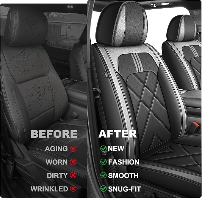 TTX for Ford F150 2009-2024 2025 2026 Seat Covers & F250 F350 F450 2017-2026 Seat Cushion Cover with Faux Leather(Front,Black&Dark Grey)