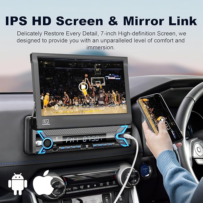 2026 7-inch Motorized Flip-Out Single Din Car Stereo with Apple CarPlay & Android Auto, Bluetooth, HD Touchscreen, Backup Camera, USB/SD/AUX Input, AM/FM Radio, Subwoofer Support & DSP