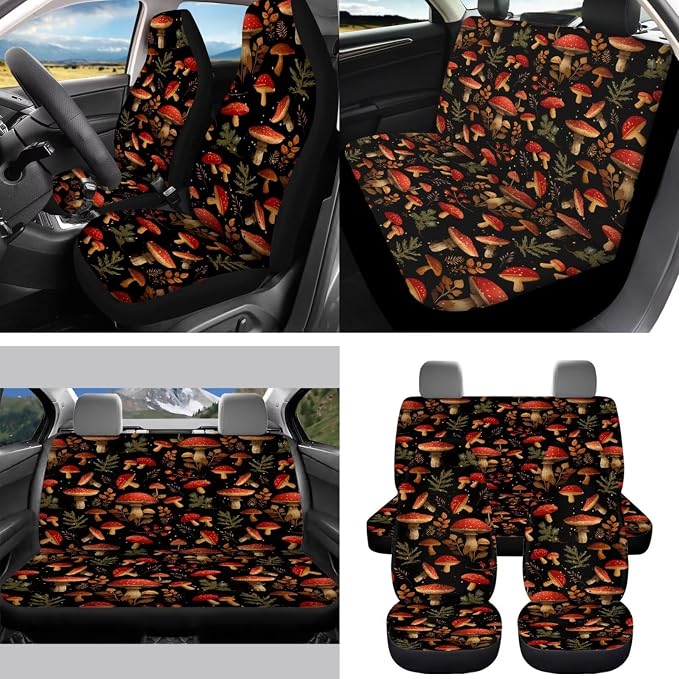 Mushroom Car Seat Covers Set of 15 with Universal Steering Wheel Cover, Rearview Mirror Cover, Car Trash Can, Seatbelt Pads, Cup Holder Coasters, Keychains
